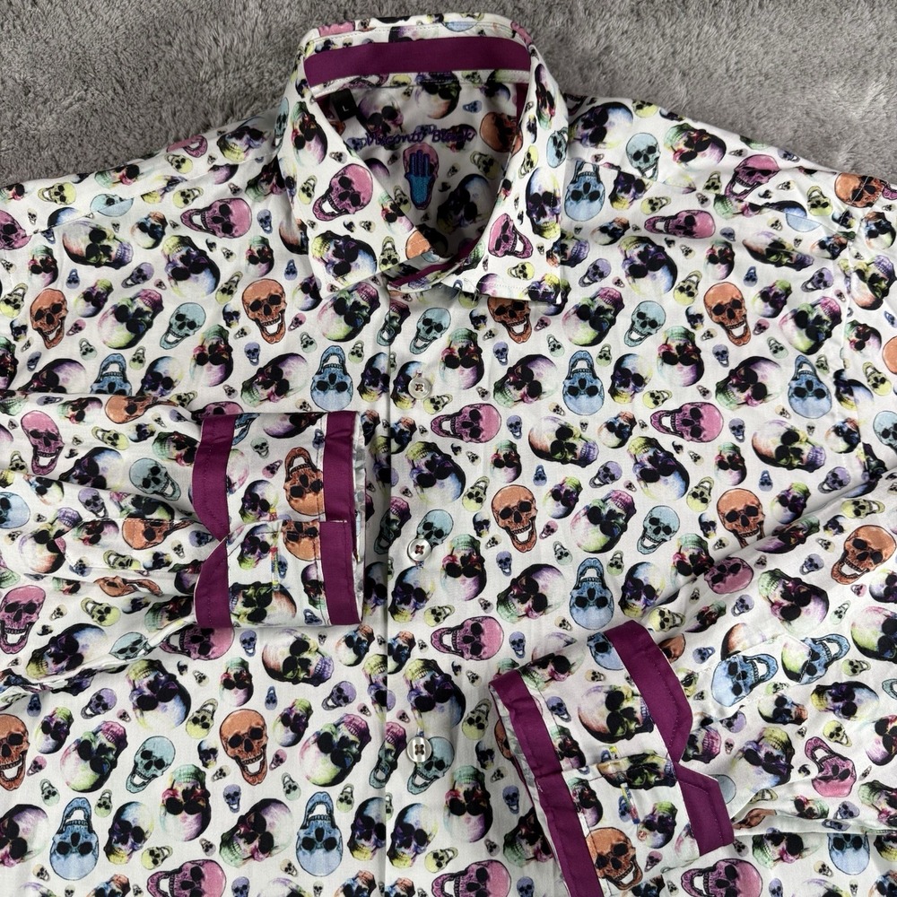 Visconti Black Skull Print Shirt Mens L White Flip Cuff 100% Cotton Gothic Punk
